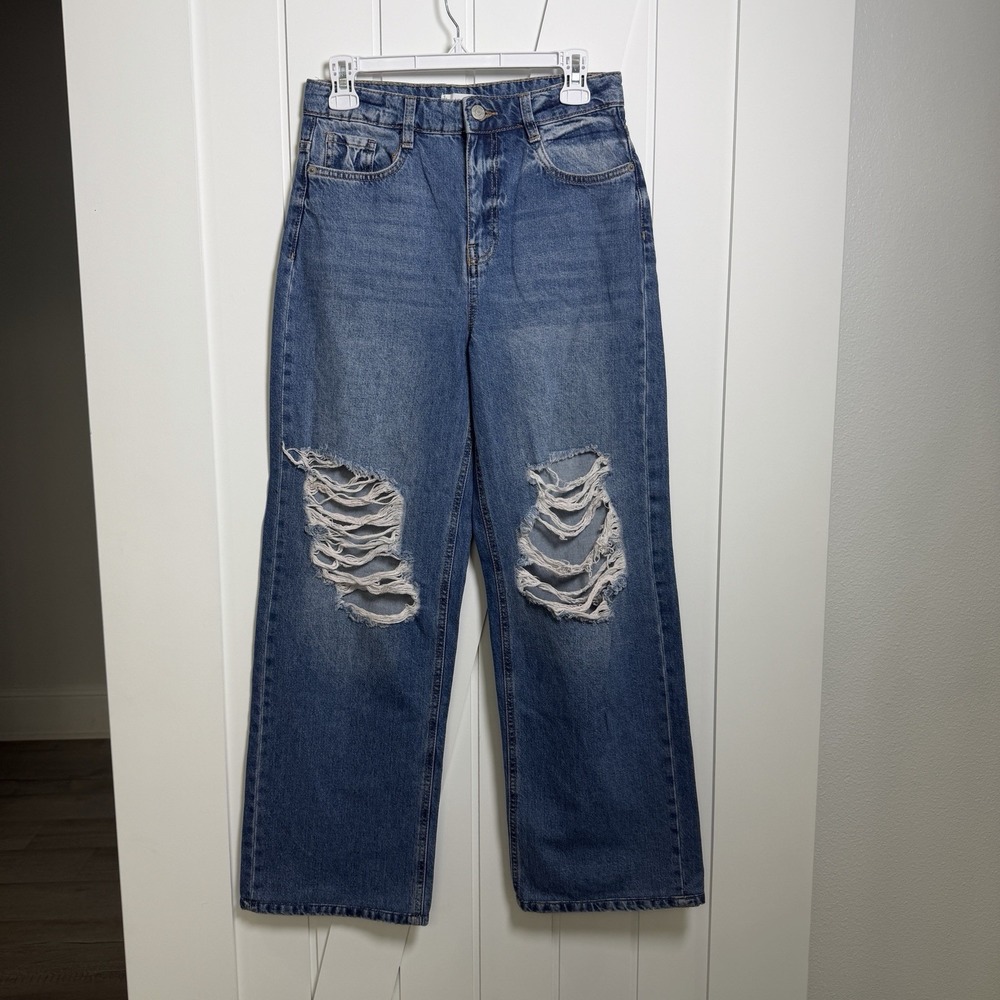 Mango MNG Womens High Waist Wide Leg Jeans Distressed Blue Size Large Streetwear